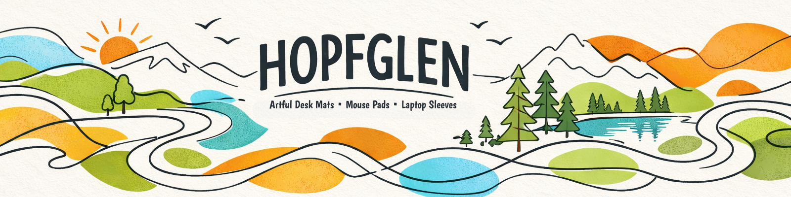 HOPFGLEN artful desk mats, mouse pads, and laptop sleeves brand banner with mountains, road and landscape illustration