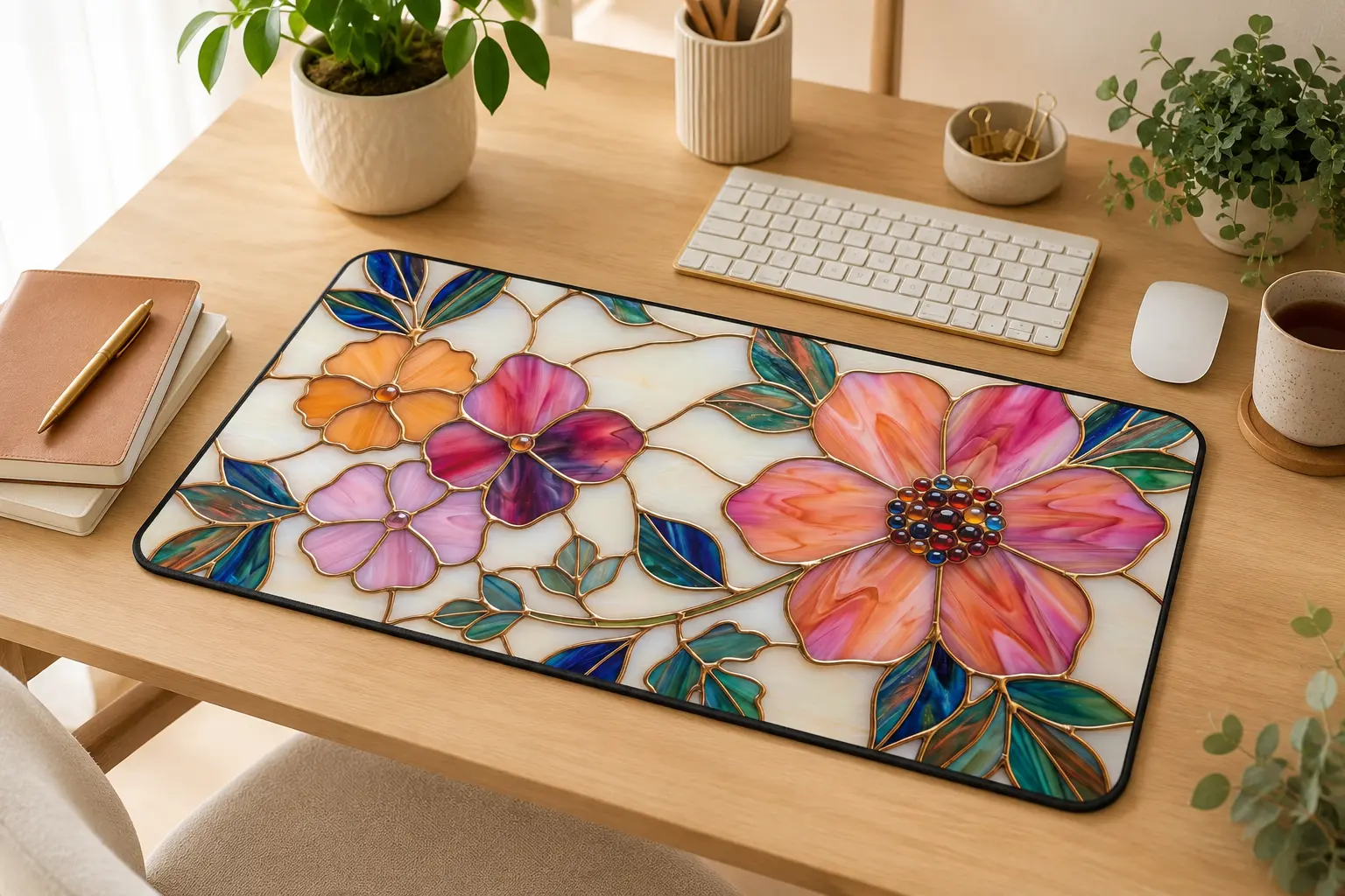 Colorful stained-glass floral desk mat in a warm workspace