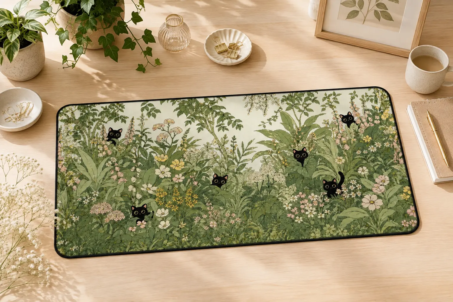 Black cat botanical desk mat styled on a light wood workspace